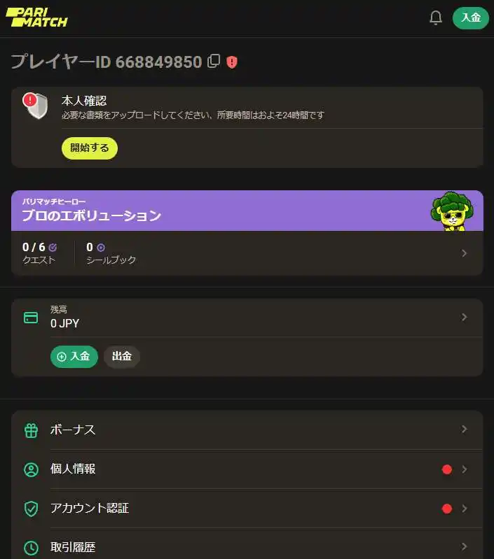 アカウント管理のためのすべての利用可能なツールとセクションを備えた個人キャビネットのインターフェース