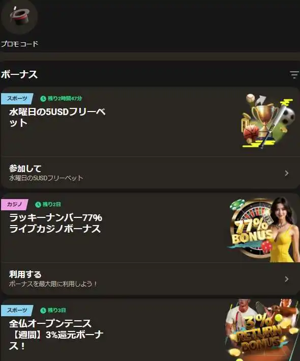 プロモコードで有効化されるボーナスページ